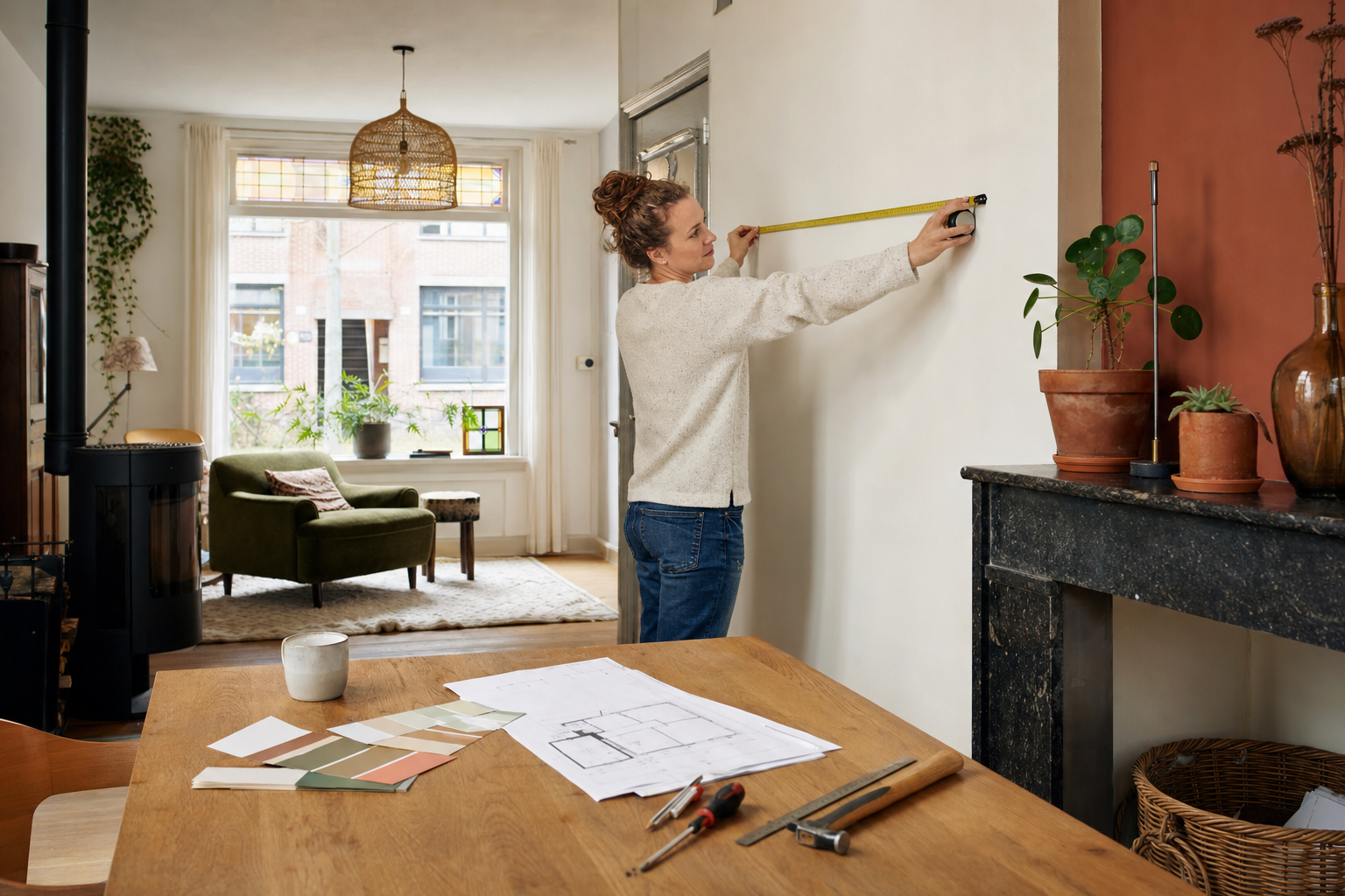 Bewoner meet een lichte woonkamer met kleurstalen en een plattegrond op tafel